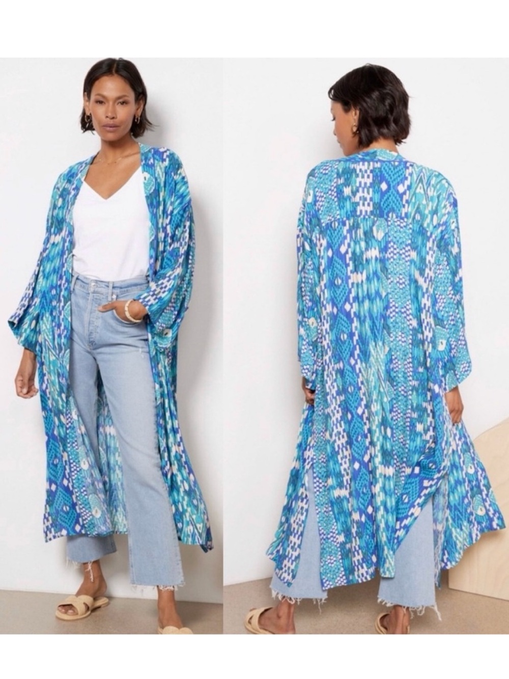 Evereve Teal, Blue & Cream Printed Layering Kimono